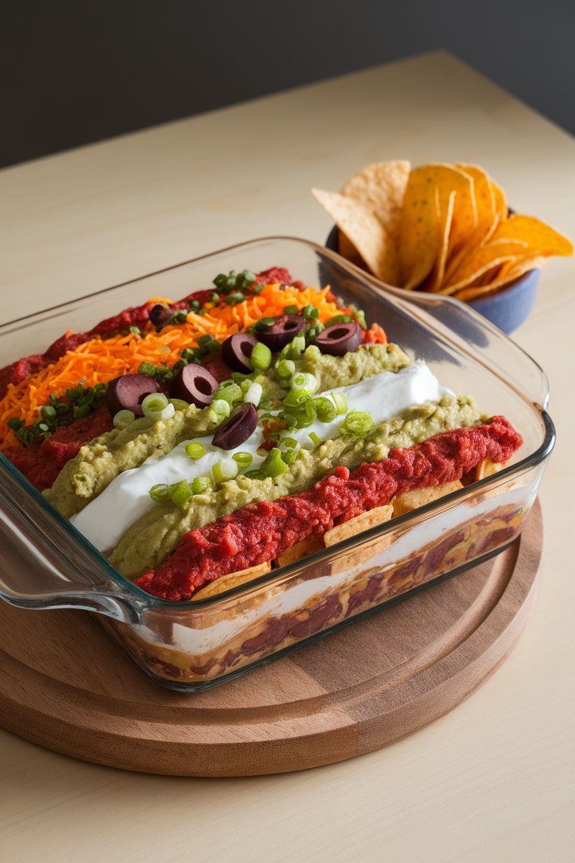 Indoor photo of a glass baking dish showing distinct layers of refried beans, guacamole, sour cream, salsa, cheese, olives, and green onions. No text or logos.
