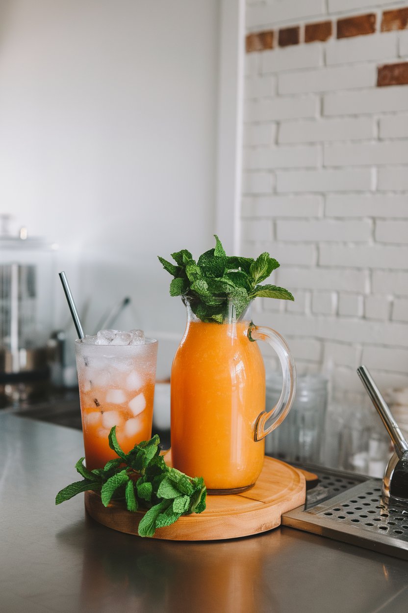 Indoor juice bar displaying a pitcher of orange cantaloupe drink, mint leaves, tumbler with ice. No text or logos.