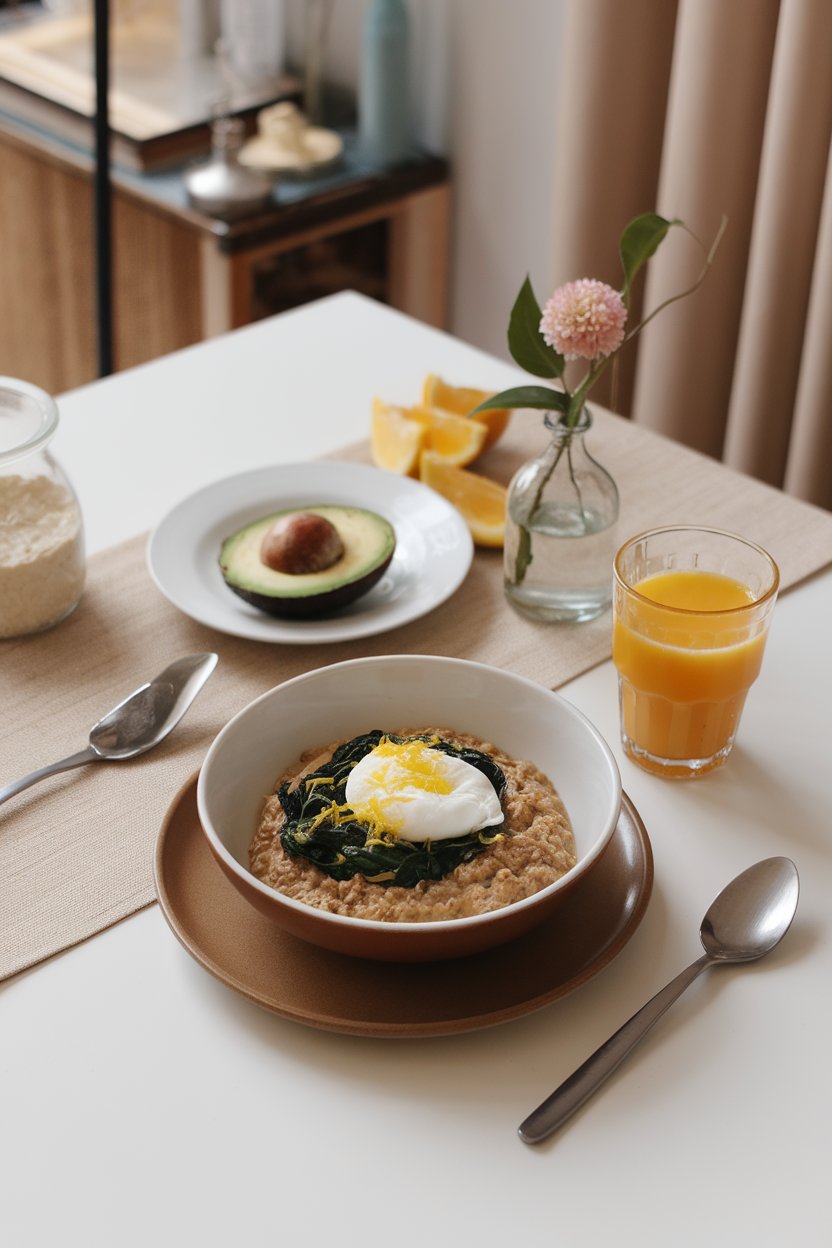 Indoor breakfast table with a bowl of savory oats topped with wilted spinach, poached egg, and lemon zest. No text or logos.