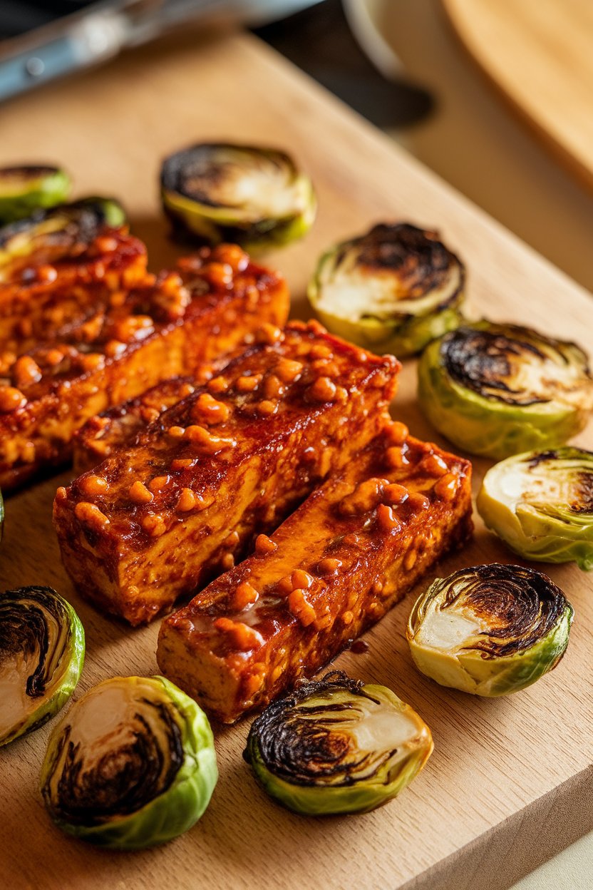 Indoor photo of roasted tempeh strips glazed with mustard-maple mix, halved Brussels sprouts charred on a pan; warm light, no text or logos