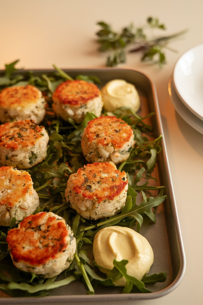 Indoor photo of bite-sized golden crab cakes on a serving tray with lemon aioli dollops. No text or logos.