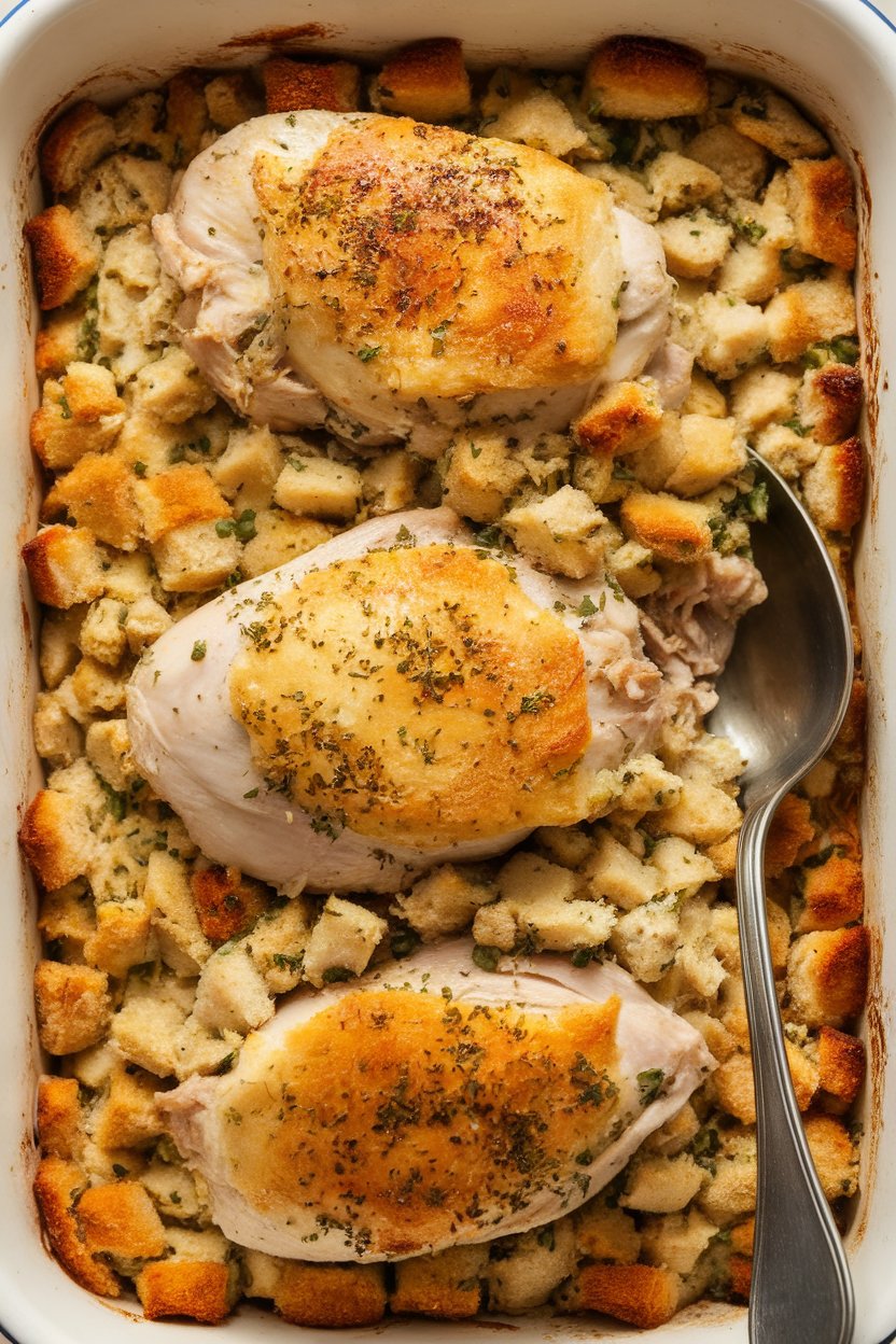 Indoor baking dish of golden chicken stuffing casserole, a serving spoon tucked in. Photo only.