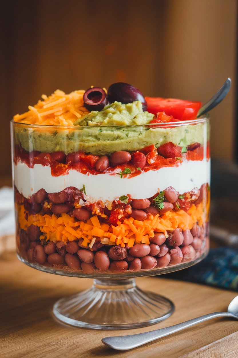 A glass trifle bowl indoors revealing colorful layers of beans, guacamole, sour cream, salsa, cheese, olives, and tomatoes. No text or logos present.