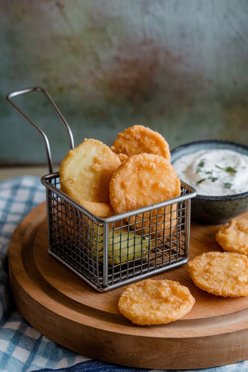 Indoor photo of crispy fried pickle rounds in a small basket with ranch dip, no text or logos.