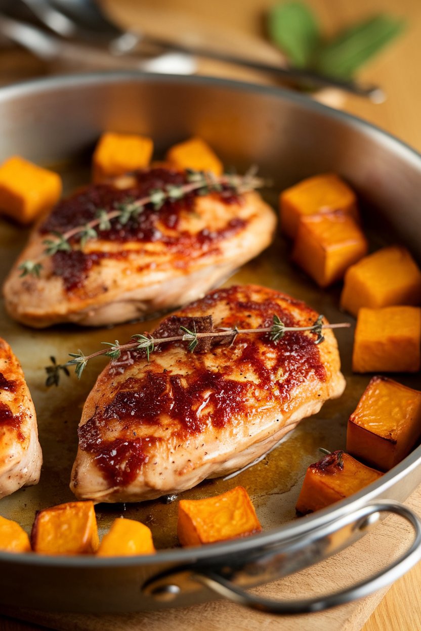Indoor photo of chicken breasts coated in fig balsamic glaze, roasted butternut squash cubes, and thyme sprigs on a pan; warm light, no text or logos