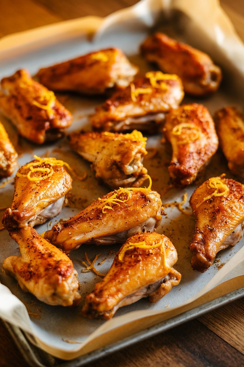 Indoor photo featuring a parchment-lined sheet pan of golden, dry-rubbed chicken wings sprinkled with cracked pepper and lemon zest. Gentle warm lighting, no text or logos.