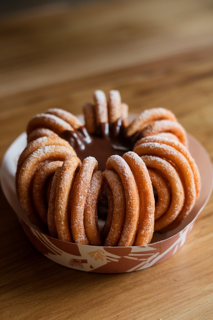 Indoor photo of bite-size churros dusted in cinnamon sugar, served in a paper food tray. No text or logos.