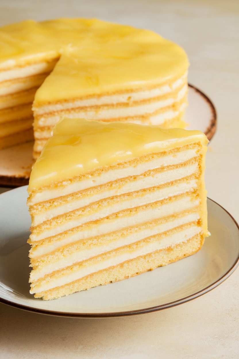 Indoor photo of a lemon Doberge cake with pale yellow pudding layers and a glossy lemon glaze, one slice on a dessert plate. No text or logos.