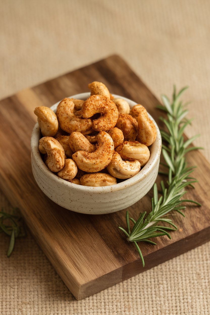 Indoor photo of roasted cashews coated in visible spice blend, served in a small ceramic bowl. No text or logos.