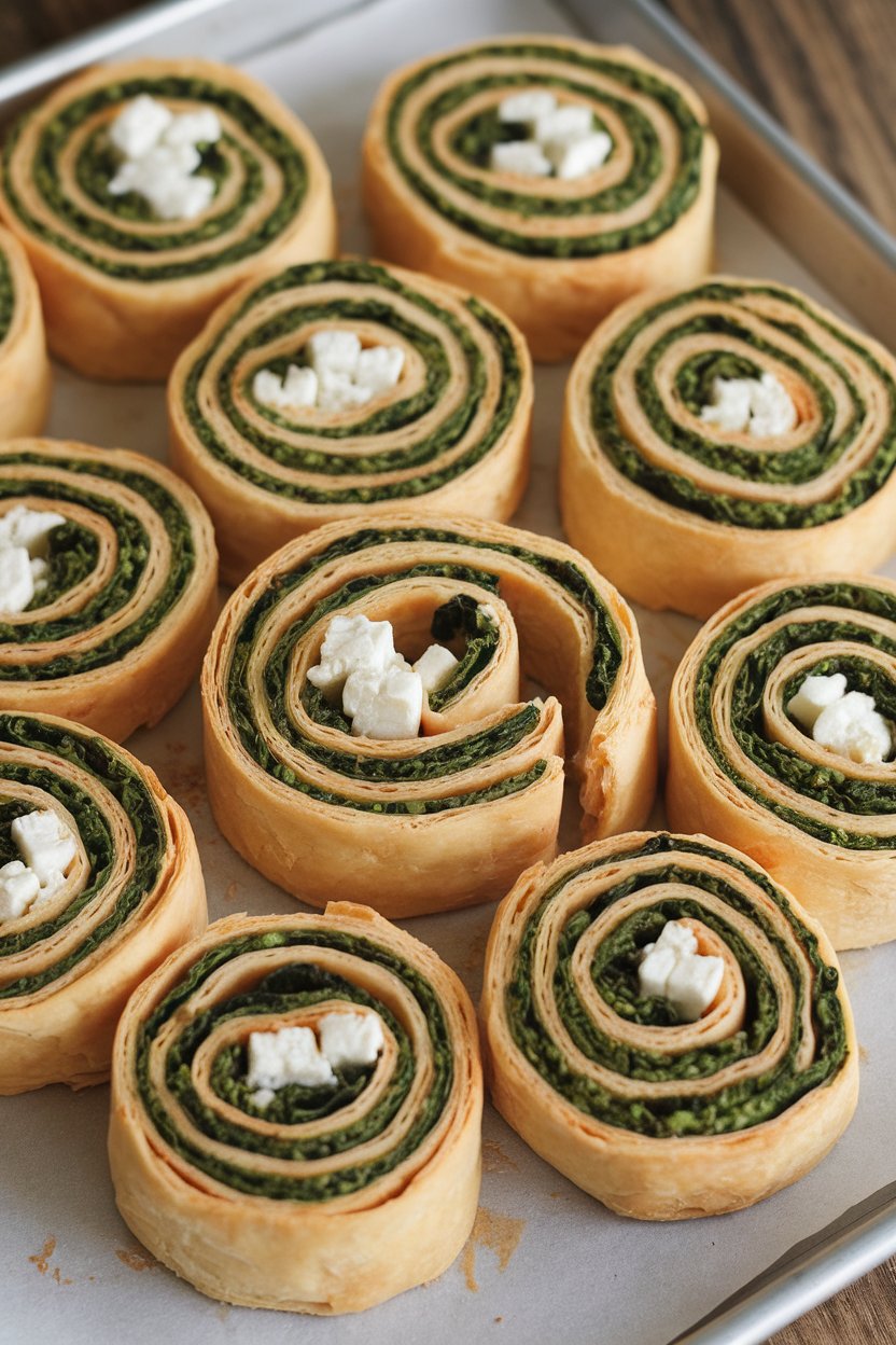 An indoor baking sheet of puff pastry pinwheels showing green spinach and white feta spirals, no visible text or logos.