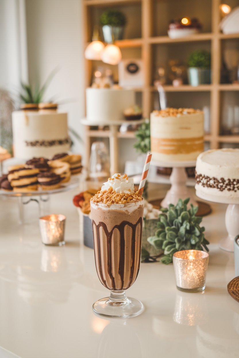 A cozy indoor dessert bar showcasing a tall sundae glass of thick chocolate peanut butter shake with crushed peanuts on whipped cream. No text or logos. Photo.