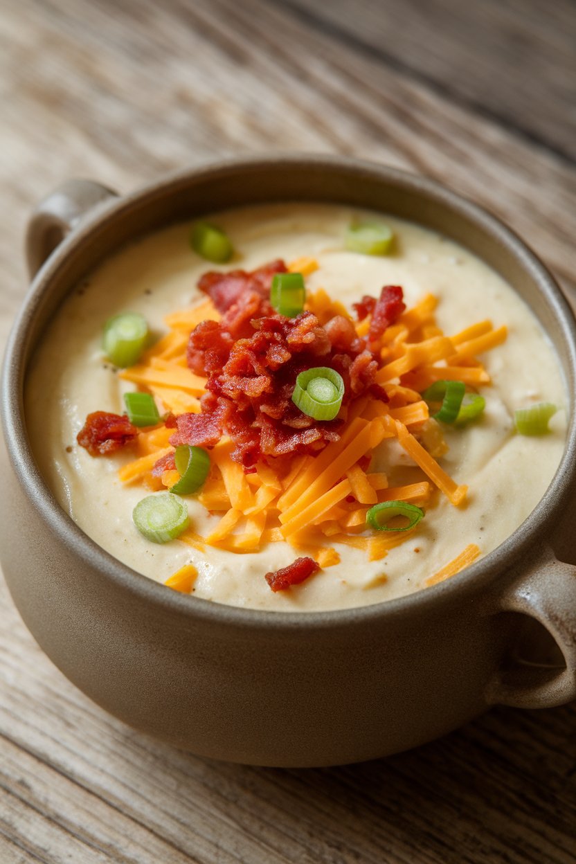 Indoor photo of a creamy potato soup topped with shredded cheddar, crumbled bacon, and sliced scallions in a matte ceramic bowl. No text or logos visible.