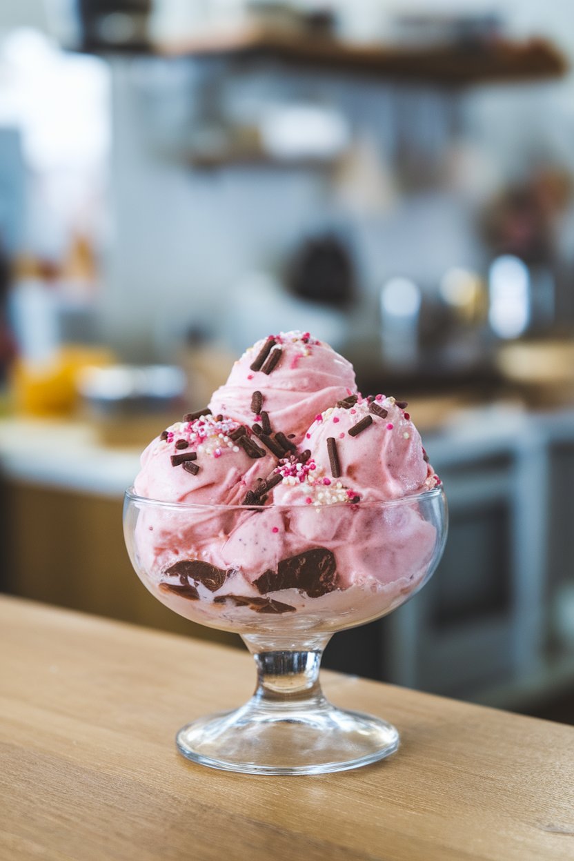 Indoor dessert bowl with scoops of pink cherry frozen yogurt dotted with chocolate chunks. No text or logos; photo only.