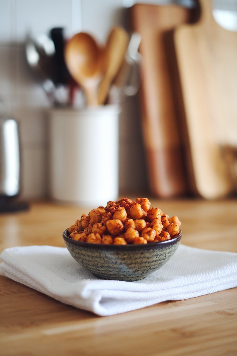 An indoor kitchen counter with a small bowl of crispy roasted chickpeas seasoned with chili powder. No text or logos. Photo, not illustration.