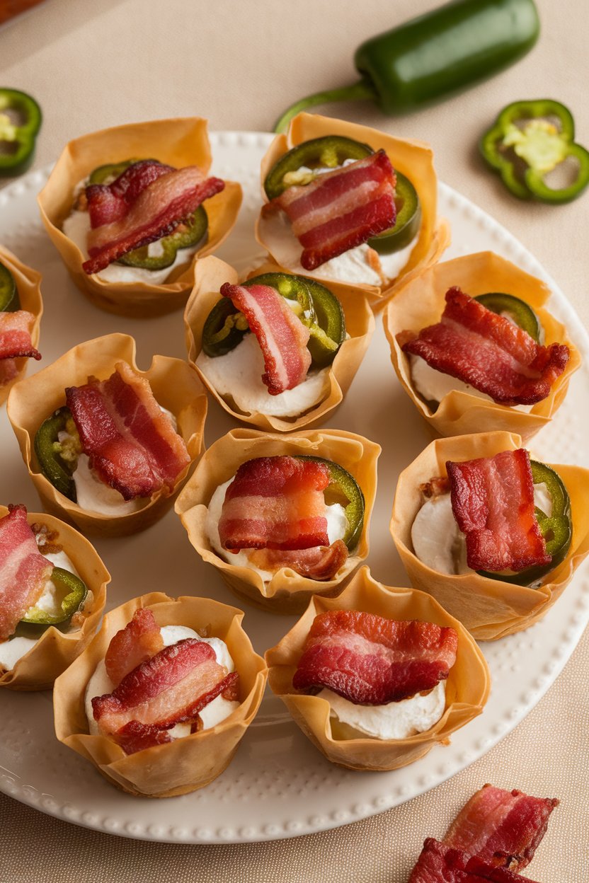 Indoor shot of phyllo cups filled with baked jalapeño, bacon, and cream cheese mixture, no text or logos, photo only