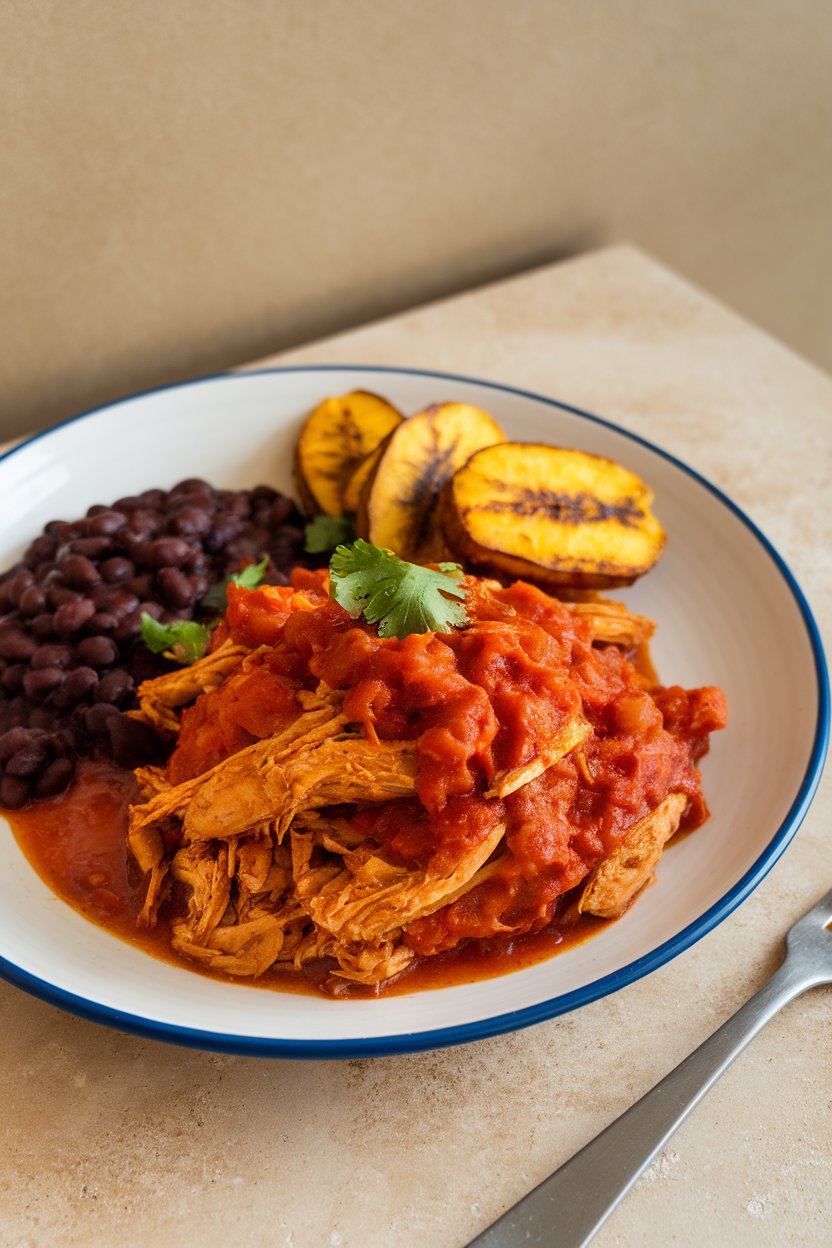Indoor plate of shredded tomato-based chicken ropa vieja with black beans and plantains on the side. No logos.