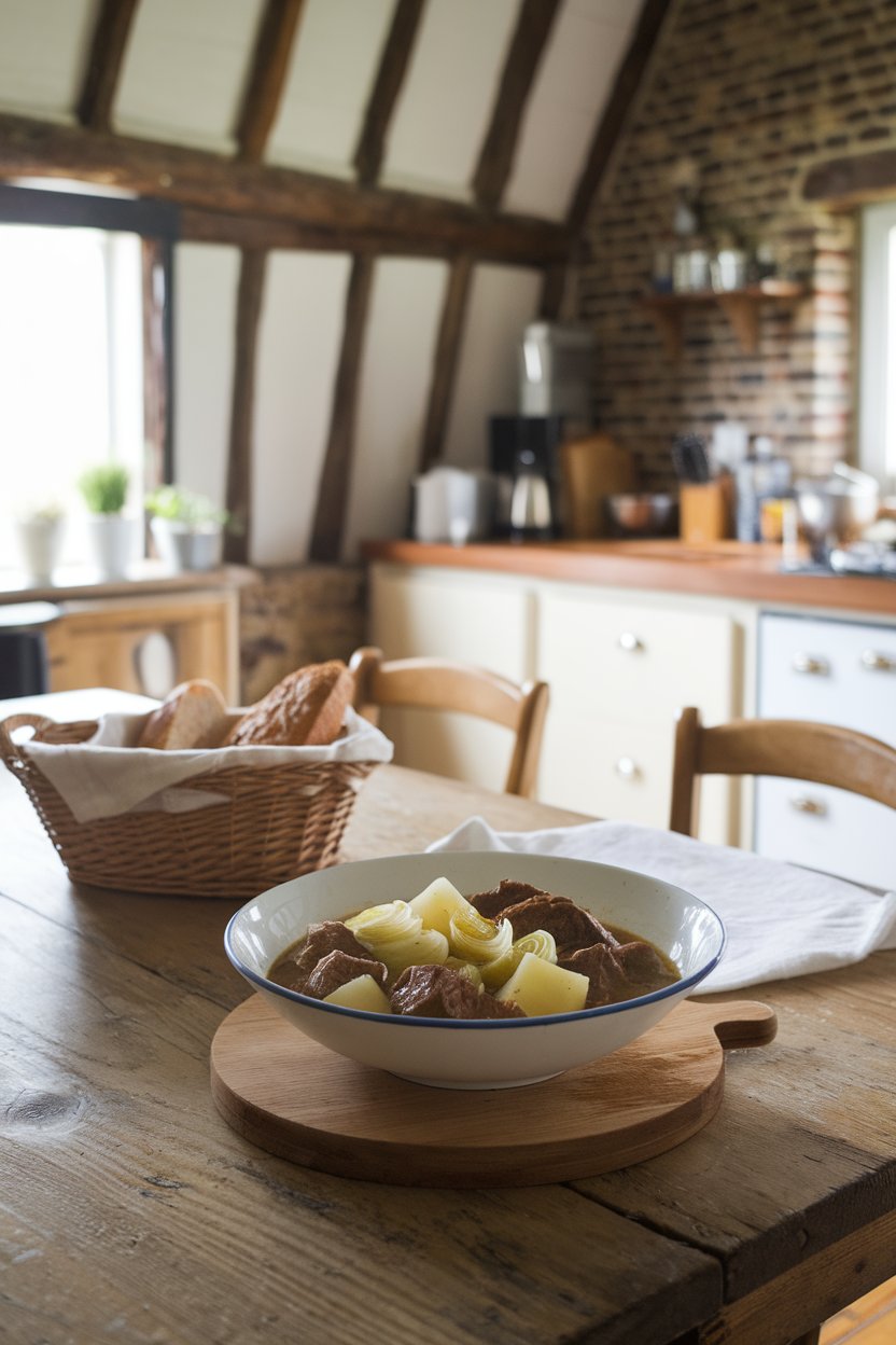 Indoor farmhouse kitchen scene with a bowl of beef stew containing chunky potatoes and tender leeks in a light gravy. No text or logos. Photo.
