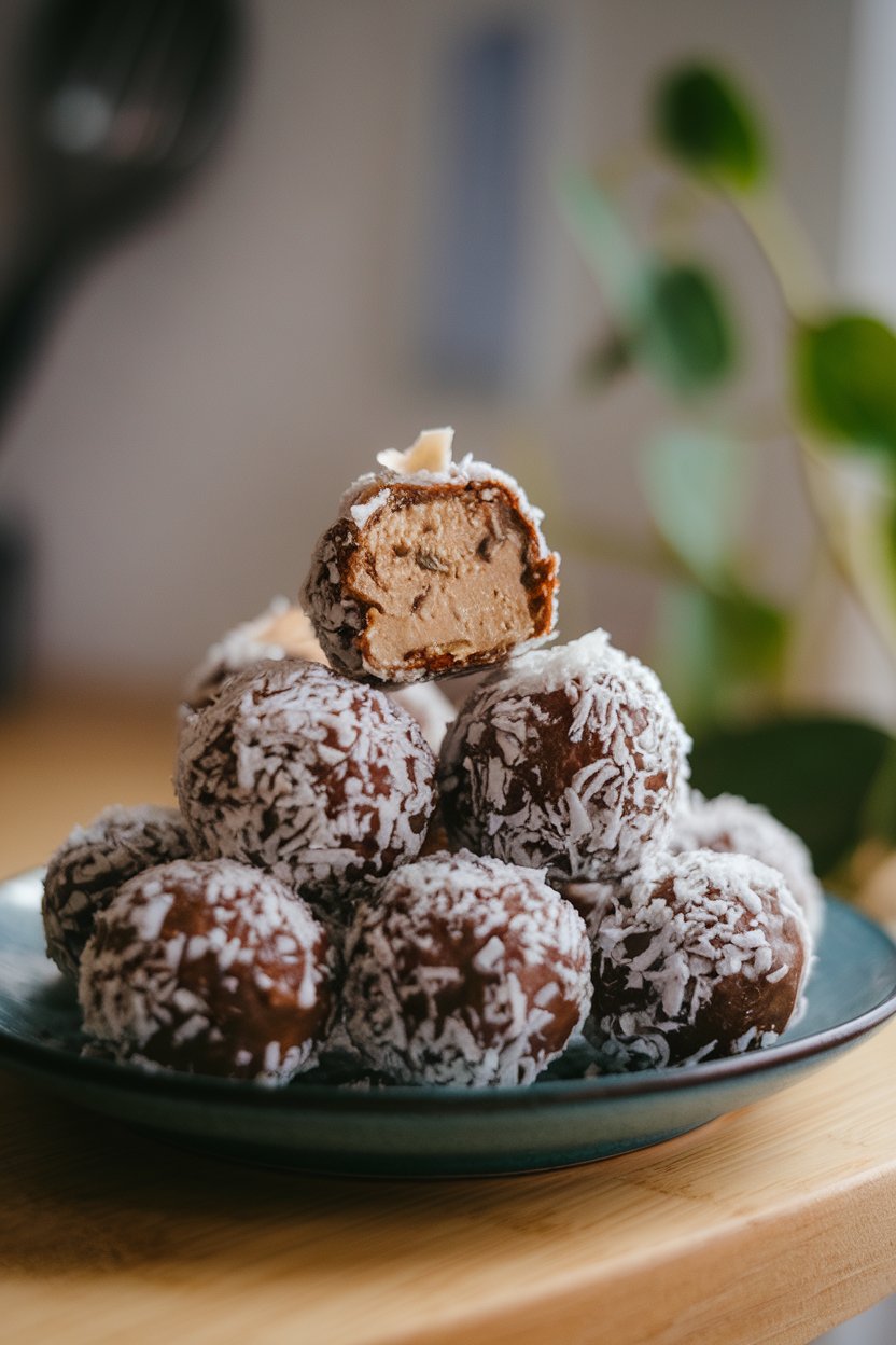 Photo of small round energy bites rolled in shredded coconut, stacked on a plate indoors. No text or logos.