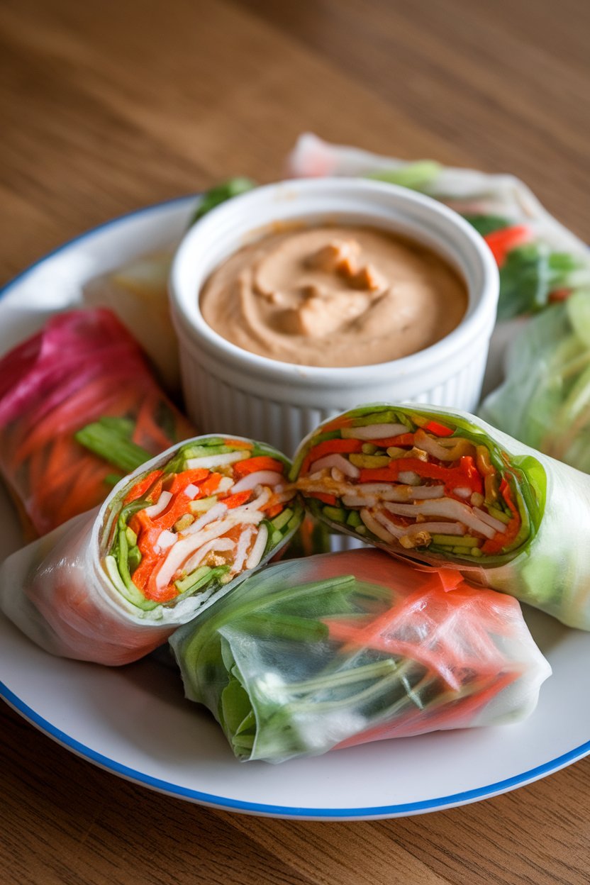 Indoor photo of colorful rice-paper rolls sliced to show julienned veggies, served with a ramekin of creamy peanut dipping sauce. No text or logos.