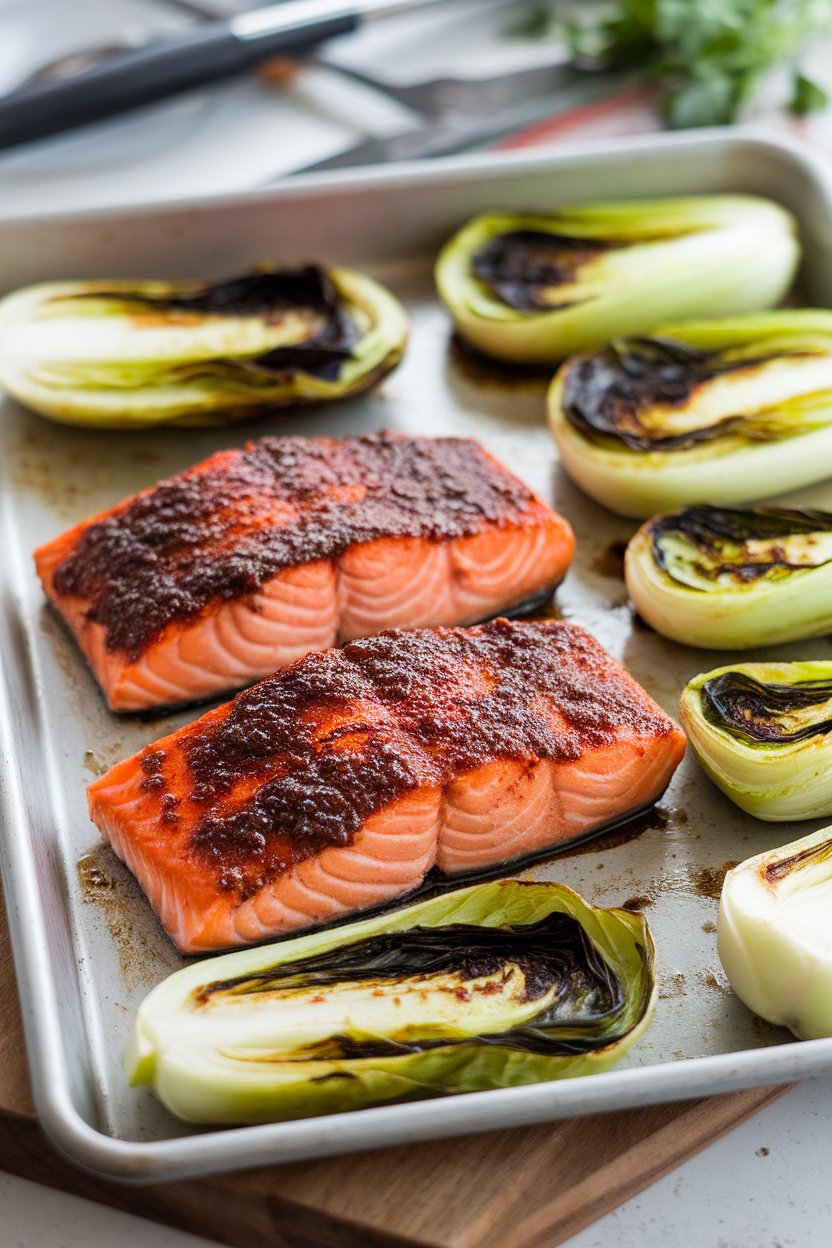 Indoor shot of salmon fillets brushed with miso glaze, flanked by roasted baby bok choy halves on a sheet pan. No logos or text.
