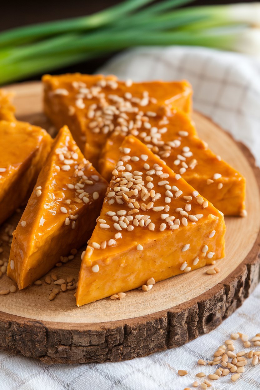 Photo prompt: Indoor serving board with tofu triangles coated in glossy orange-sesame glaze, sprinkled with toasted sesame seeds. No text or logos.