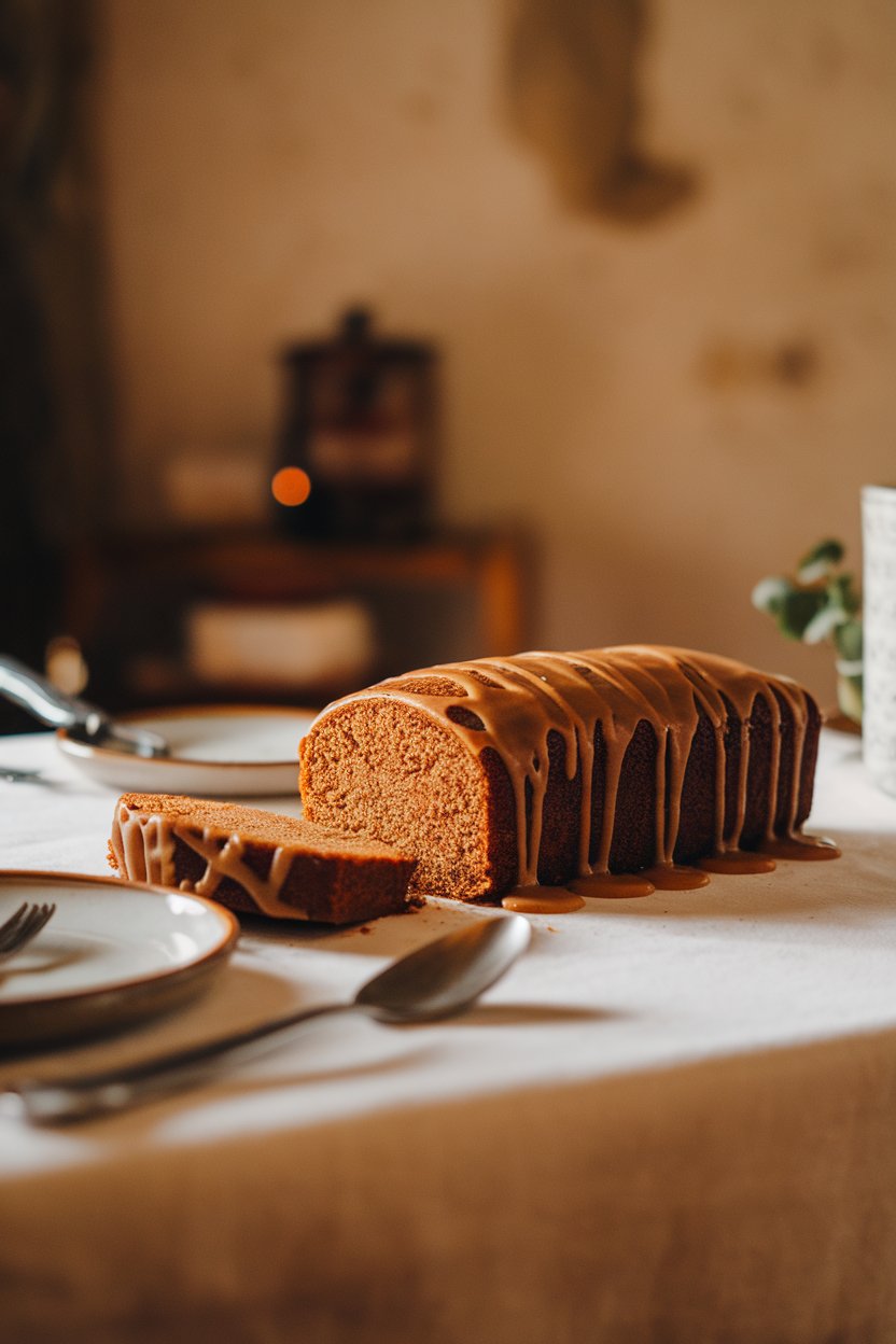 A warmly lit indoor table with a sliced loaf cake, caramel-brown crust, drizzle of brown-butter icing pooling slightly—no text or logos.
