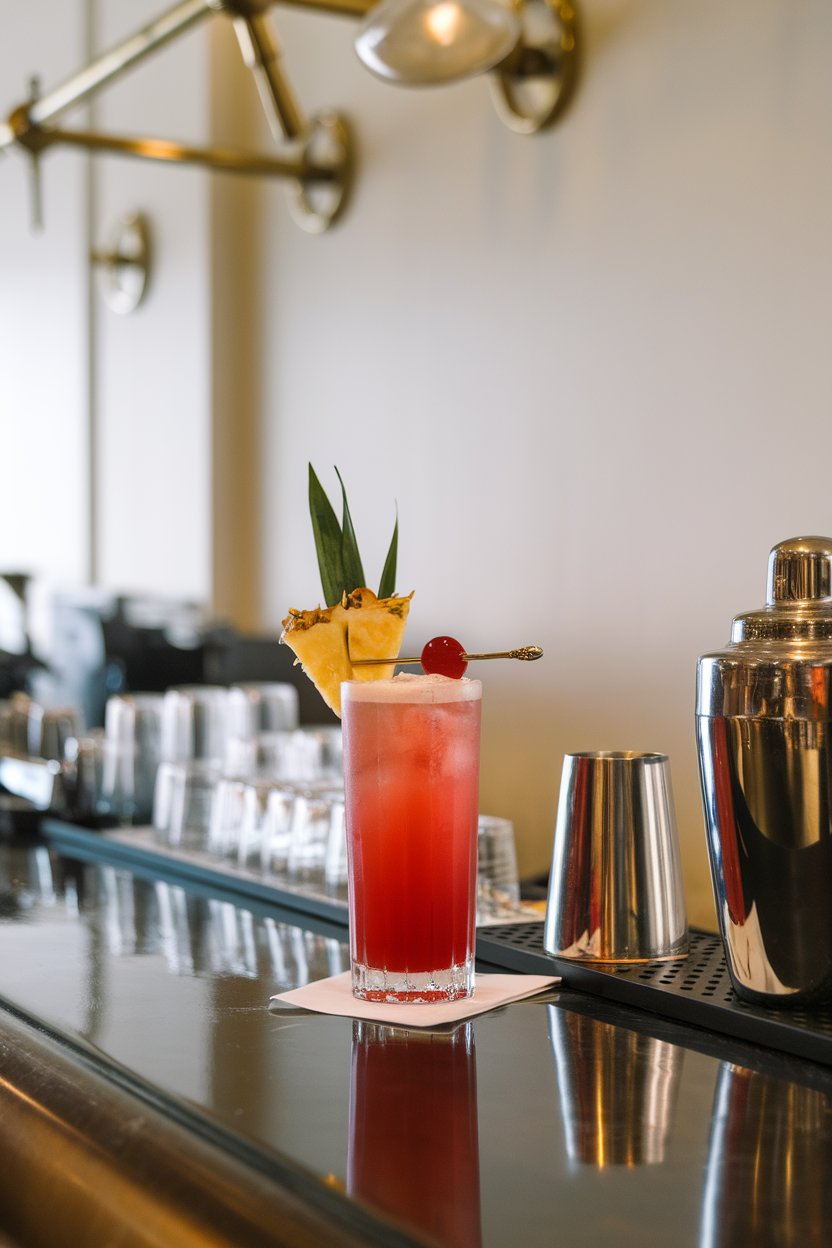 Indoor hotel bar with a tall glass of ruby cocktail, pineapple spear, and maraschino cherry, no text or logos, photo