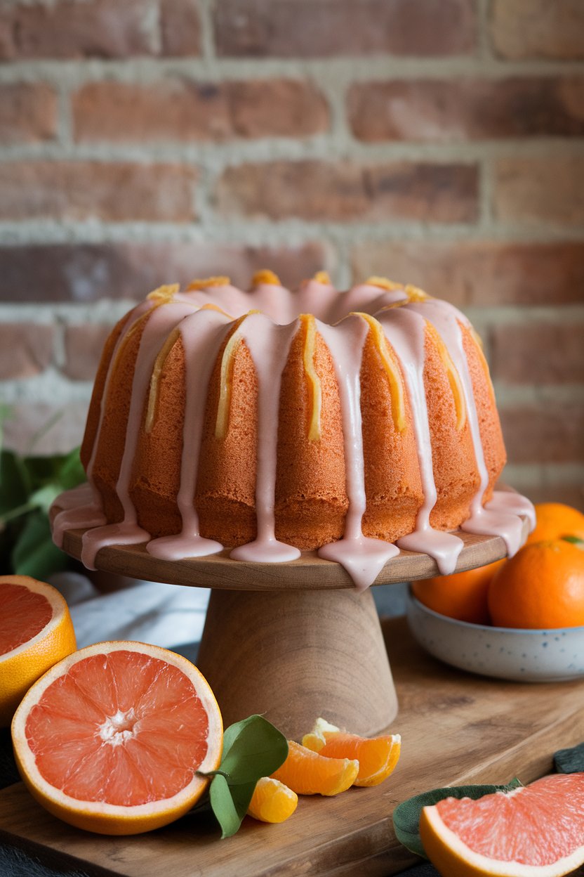 An indoor citrus-themed setting with a tall grapefruit Bundt, blush-pink glaze dripping down ridges, candied peel hash marks—no text or logos.