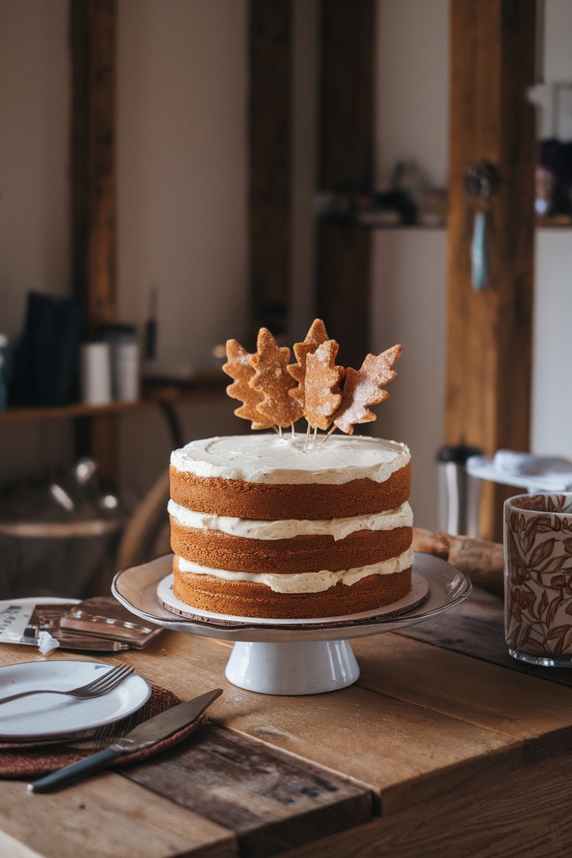 An indoor farmhouse table with a rustic spiced layer cake, cream-cheese frosting, decorative cinnamon-sugar football leaves—no text or logos.