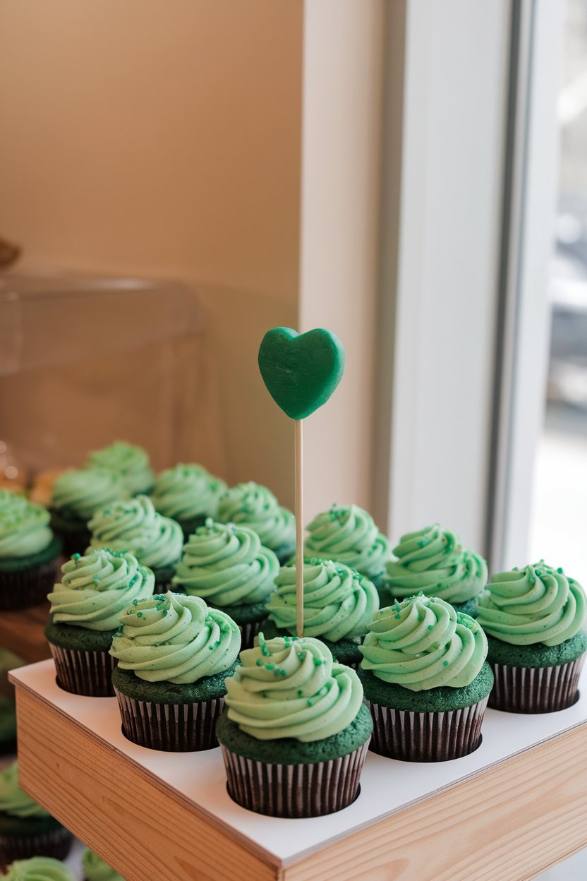 An indoor bakery display of green velvet cupcakes topped with swirls of cream-cheese frosting and green sprinkles, no text or logos. Photo only.