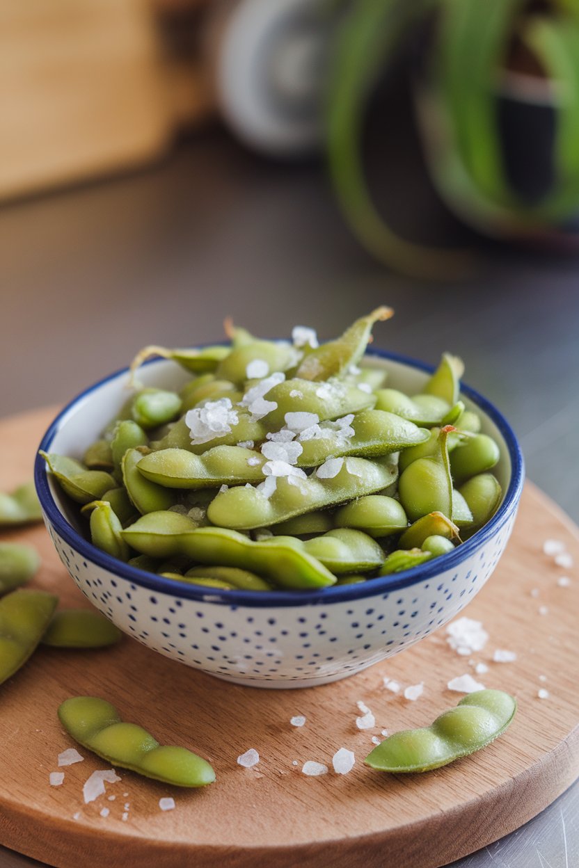 Indoor photo of a bowl of shelled edamame sprinkled with flaky sea salt on a countertop. No text or logos.