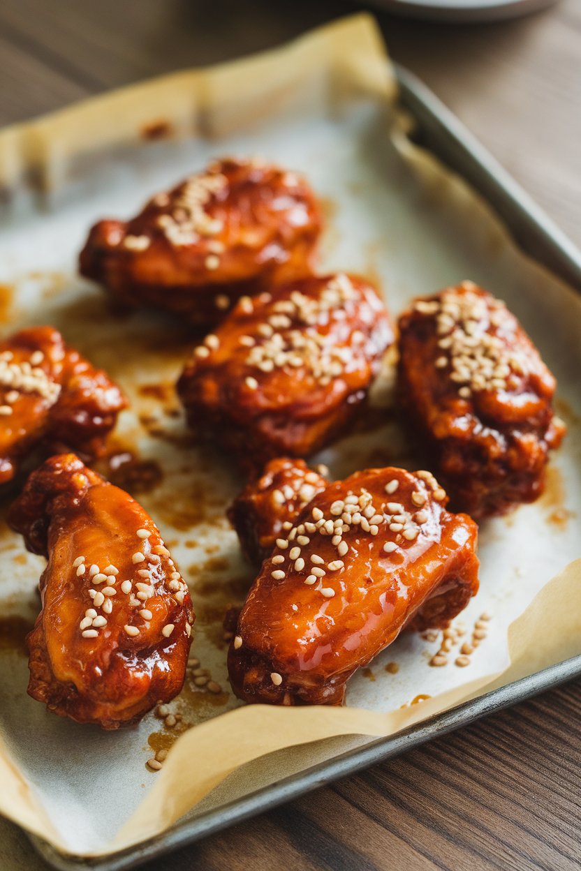 Indoor photo of sticky glazed wings on a parchment-lined tray, sesame seeds sprinkled, no text or logos