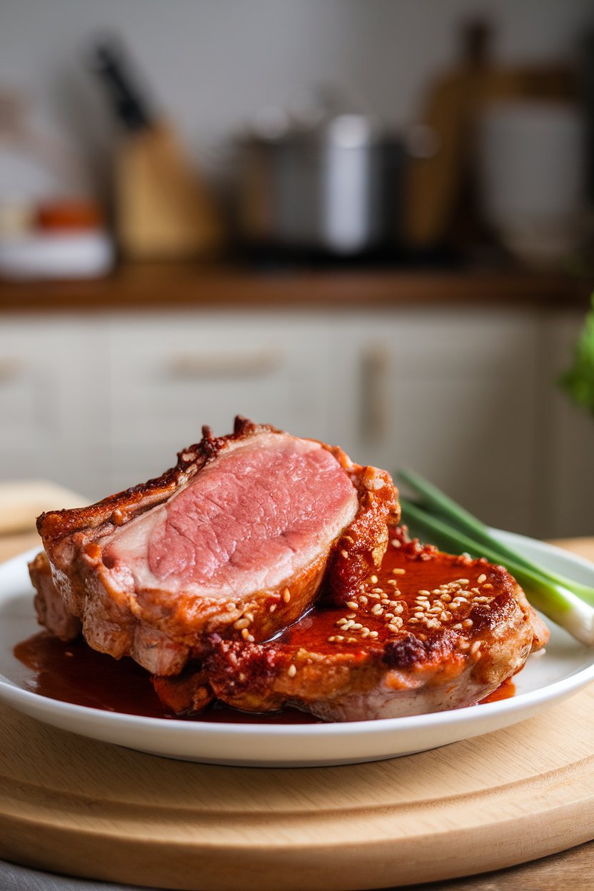 Plate of pork chops coated in red gochujang glaze, sesame seeds sprinkled, no text or logos.