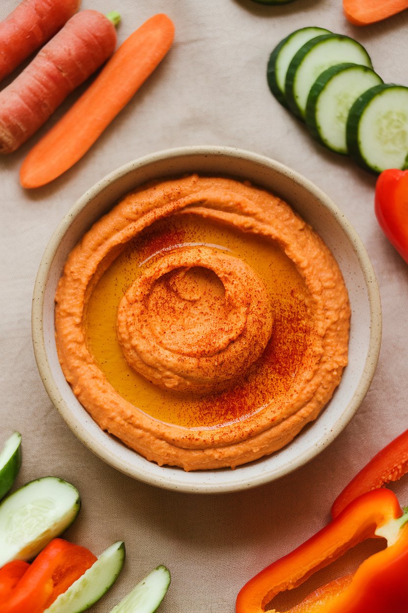 Indoor tabletop featuring a shallow bowl of orange-tinted roasted red pepper hummus drizzled with olive oil and sprinkled with paprika. No text or logos in scene.