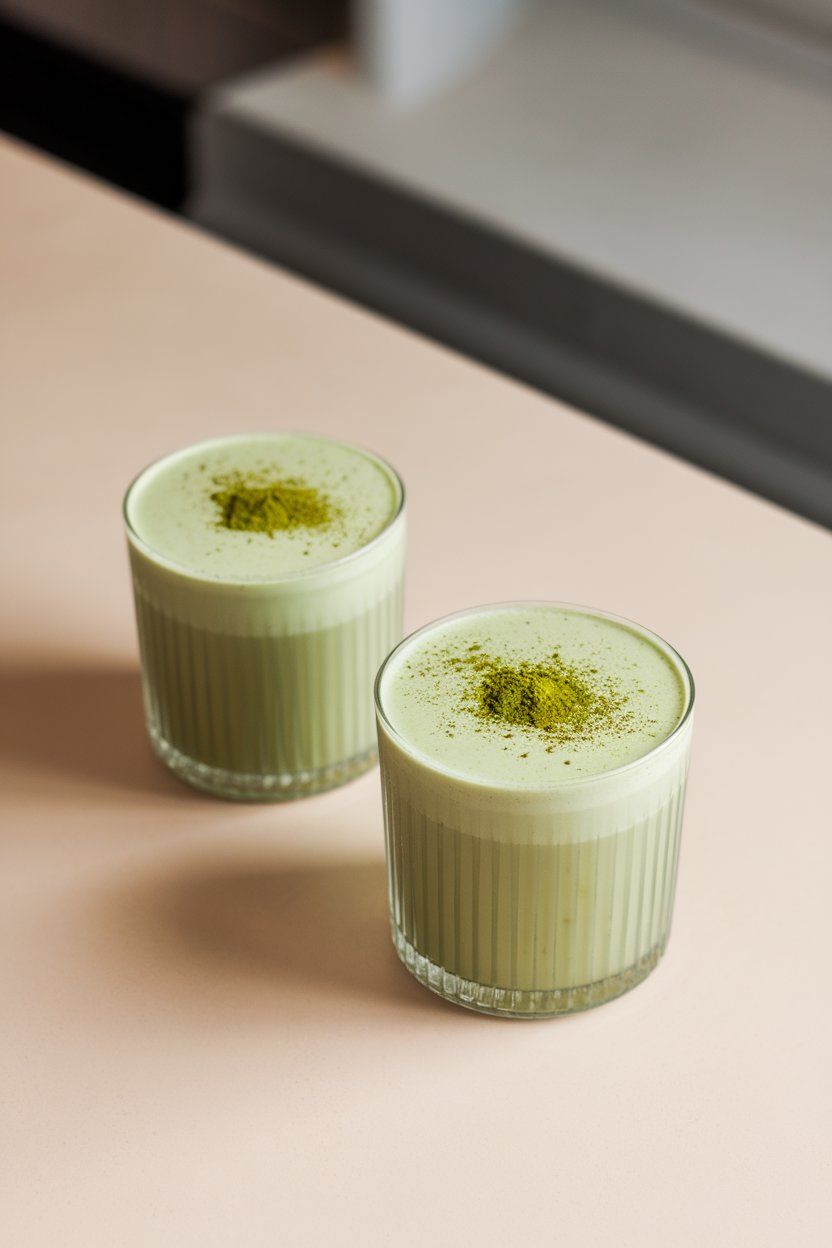Indoor minimalist bar with a coupe of pale green matcha gin sour, silky foam, dusting of matcha powder in center, no text or logos. Photo only.