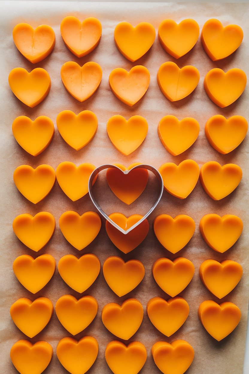 Overhead indoor photo of sharp cheddar cut into small heart shapes with a cookie cutter, arranged neatly on parchment. No text or logos.