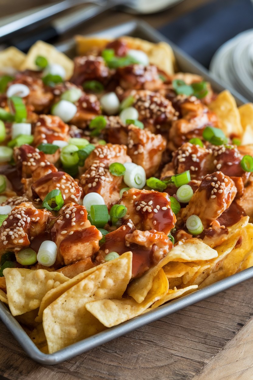 A warmly lit pan of nachos featuring teriyaki-glazed chicken, mozzarella, sesame seeds, and green onions; no text or logos, photo not illustration.