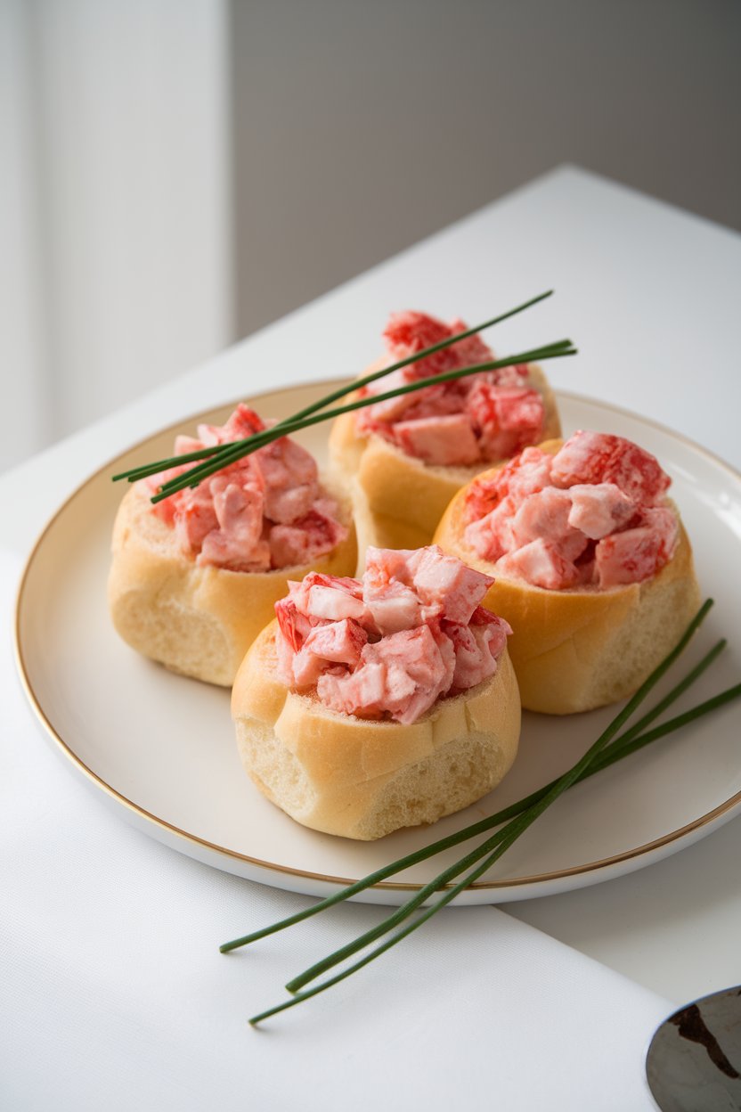 Indoor photo of three mini buttered rolls filled with chilled lobster salad, garnished with chives, on a white plate. No logos or text present.