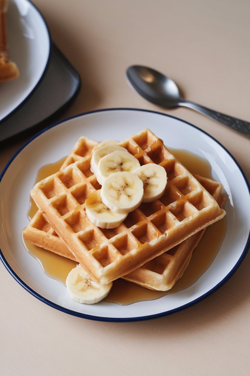 Indoor breakfast plate featuring waffles with visible oat flecks and banana slices on top, no branding.