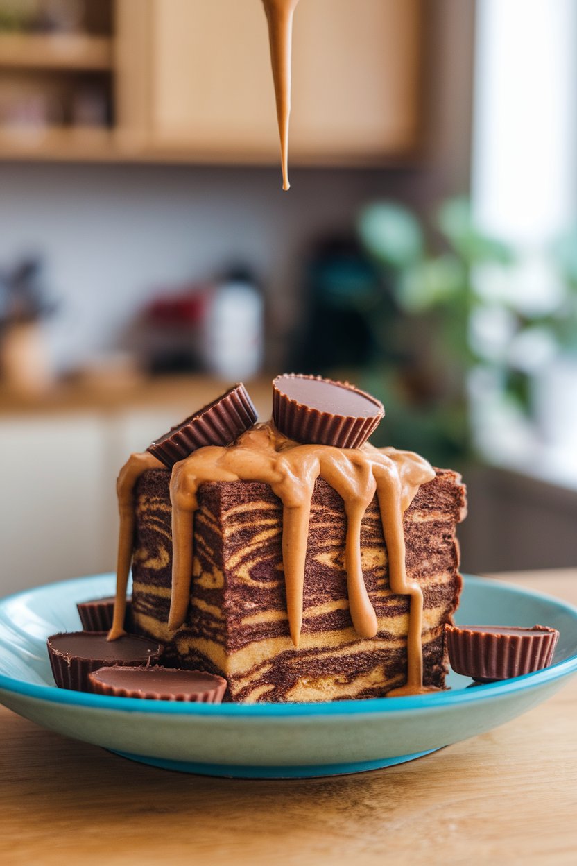 Indoor plate featuring a chocolate-swirled pancake square drizzled with creamy peanut butter, a few mini peanut butter cups crumbled on top, no text or logos.