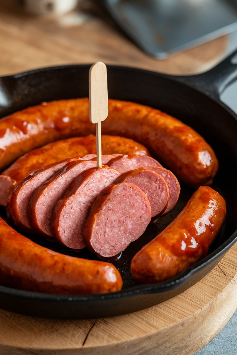An indoor skillet of sliced bratwurst glazed in amber sauce with a wooden pick stuck in one piece—no text or logos. Photo, not illustration.