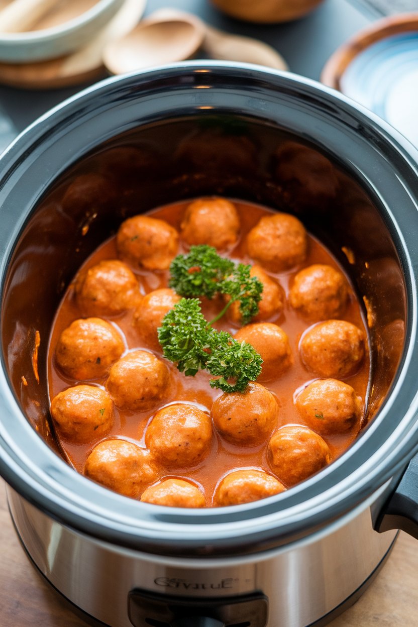An indoor slow cooker filled with small turkey meatballs coated in bright Buffalo sauce, garnished with parsley—no text or logos. Photo, not illustration.
