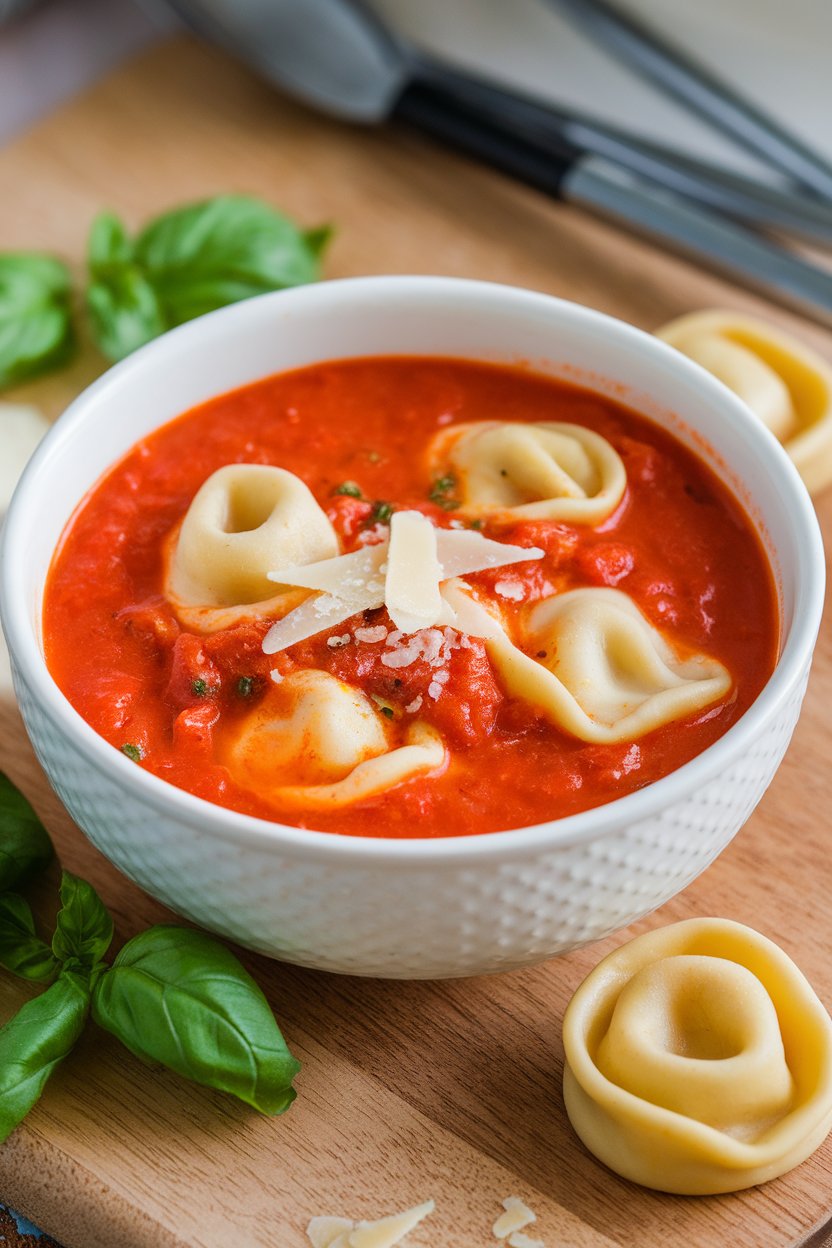Indoor close-up of tomato tortellini soup—cheese tortellini, creamy tomato base, and shaved Parmesan on top. No text or logos. Photo.