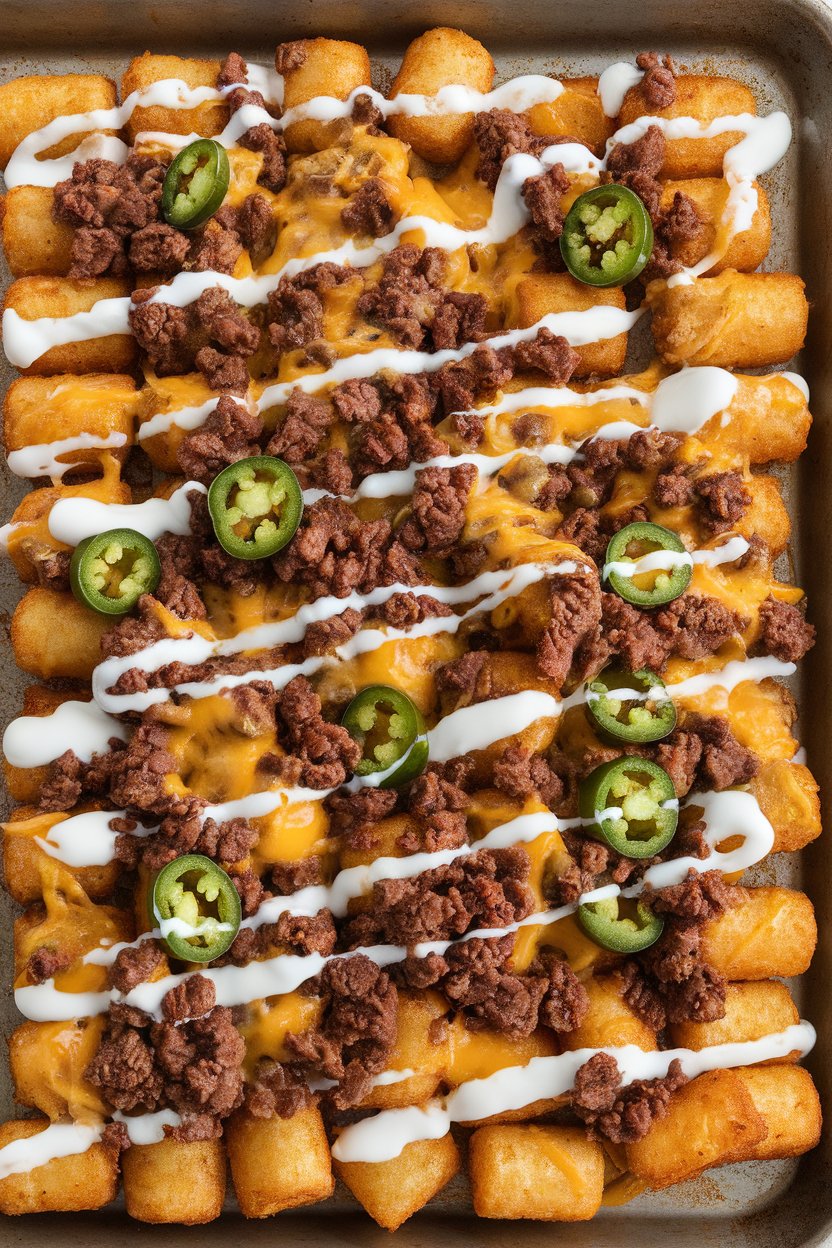 An indoor sheet pan piled with crispy tater tots covered in melted pepper jack, ground beef, and jalapeños, garnished with sour cream drizzle. No logos.