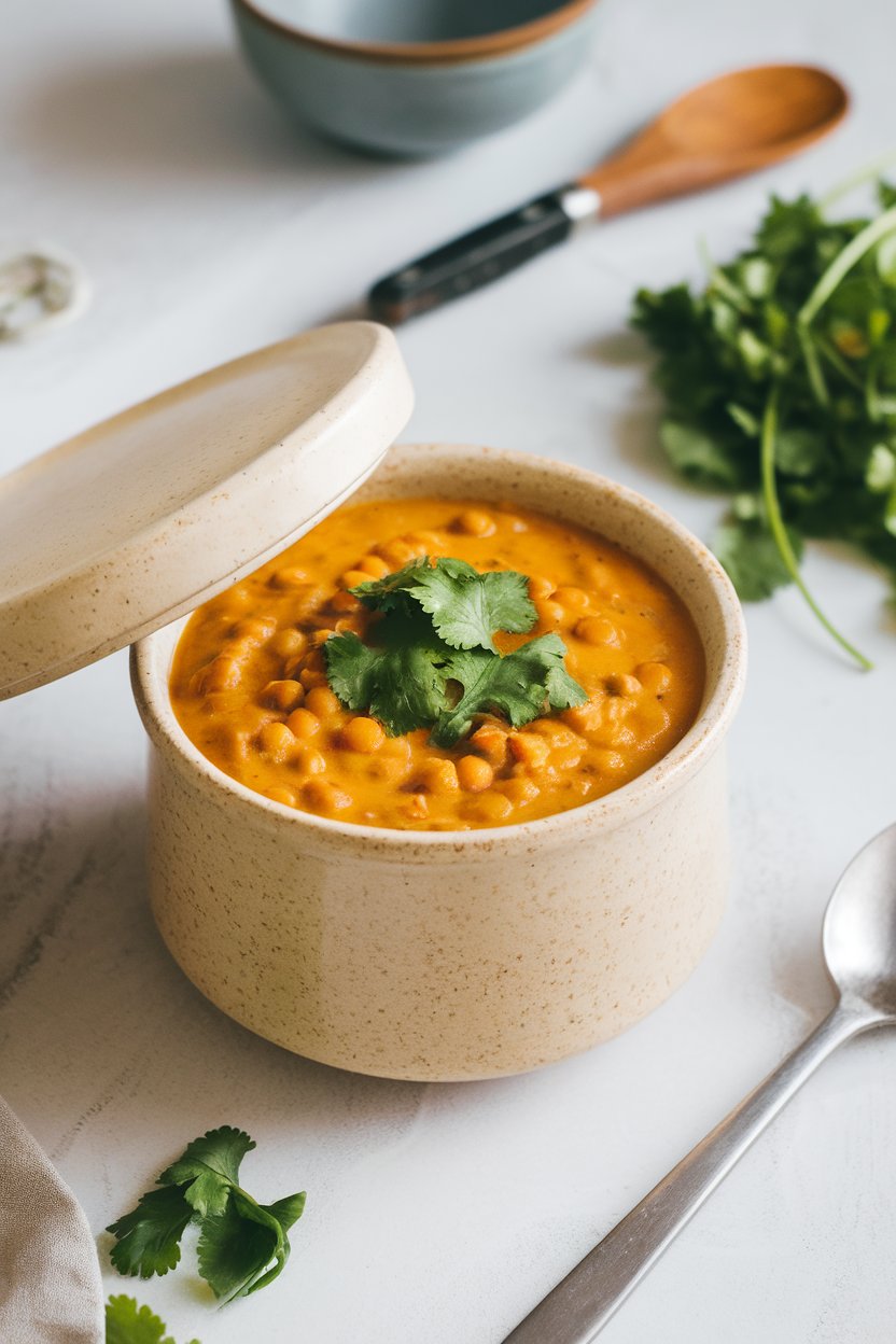 Indoor photo of a lidded soup container filled with creamy coconut curry lentil soup, garnished with cilantro, no text or logos.