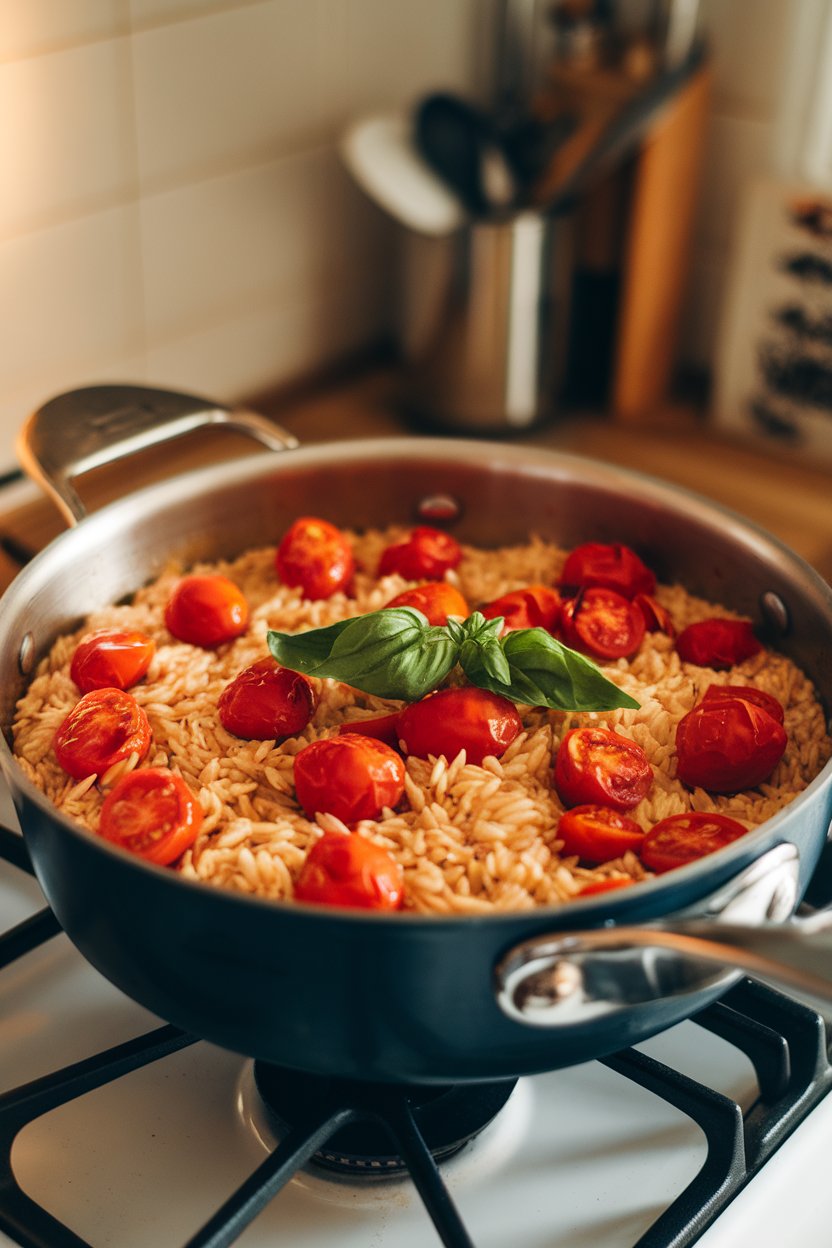 A saucepan on an indoor stove brimming with saucy orzo, cherry tomatoes bursting and basil leaves wilted on top. No text or logos. Photo.