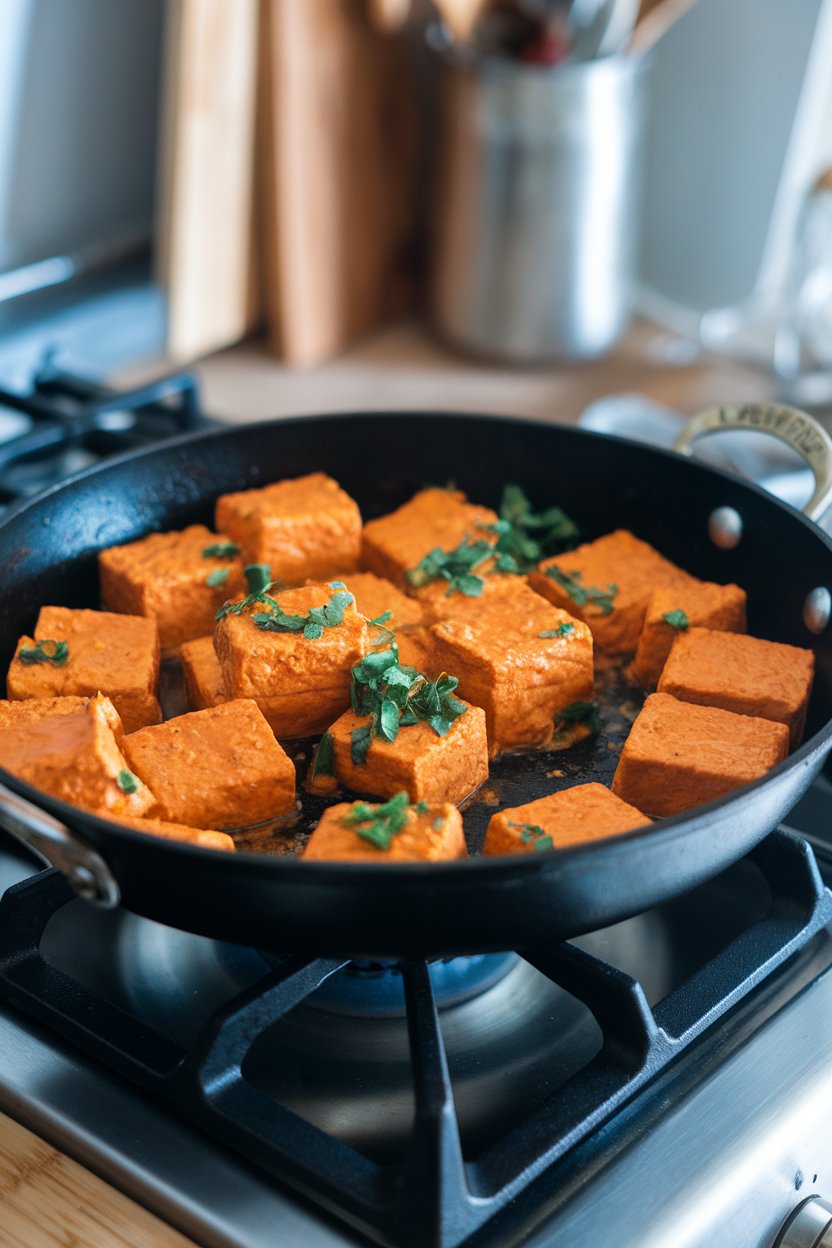 Photo prompt: Indoor stovetop with a skillet of orange tikka masala-coated tofu simmering gently. No text or logos.