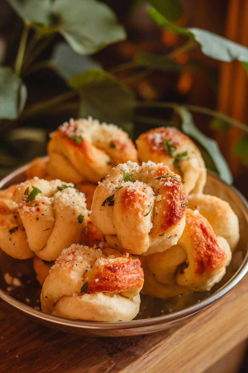 Indoor photo of buttery pizza-dough knots sprinkled with grated Parmesan and parsley, served in a shallow bowl. No text or logos.