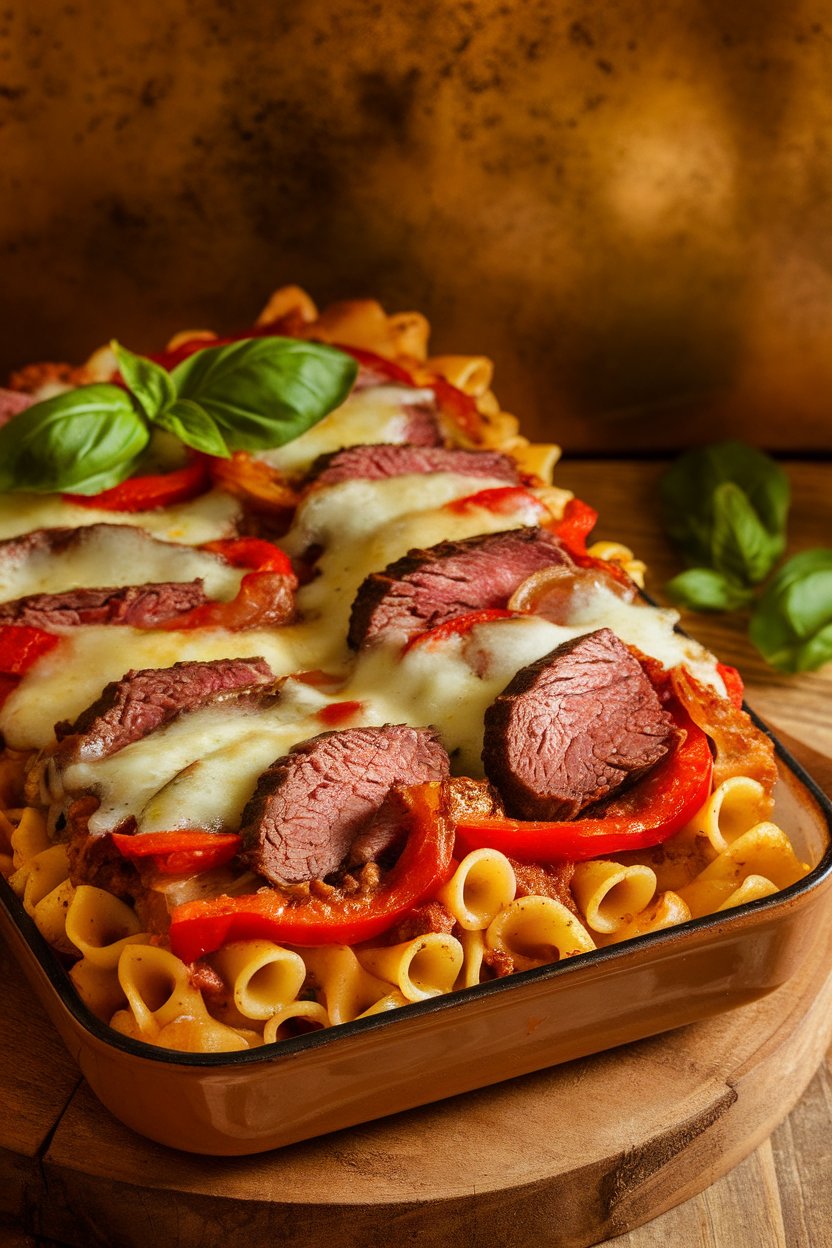 Indoor photo of sliced beef, sautéed peppers, onions, and melted provolone over pasta in a baking dish. Warm light, no branding.