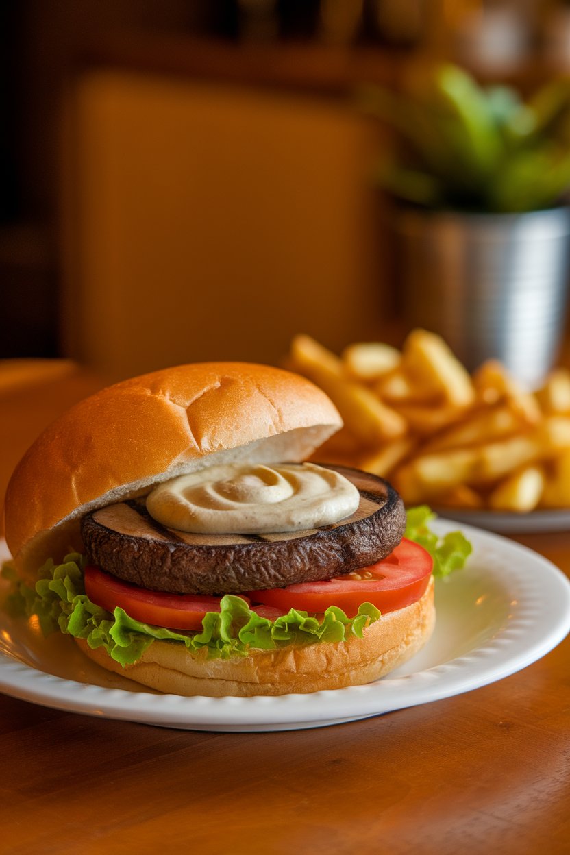 An indoor scene with a burger bun hugging a grilled portobello cap, lettuce, tomato, and a smear of aioli; fries in background. No logos or text. Photograph.